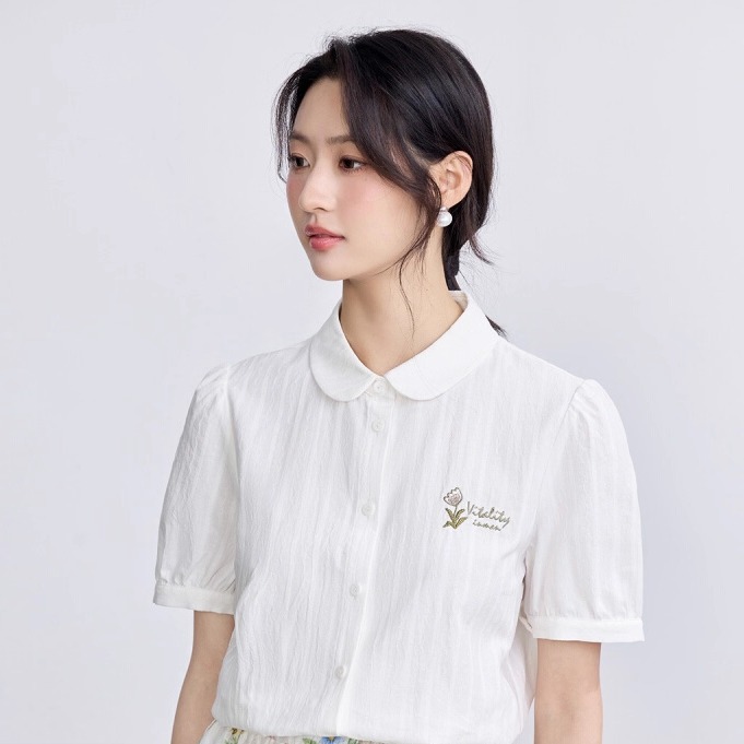 茵曼纯棉文艺绣花短袖白衬