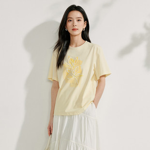 宽松百搭圆领上衣 休闲艺术感印花短袖 T恤女2025夏季 新款 时尚