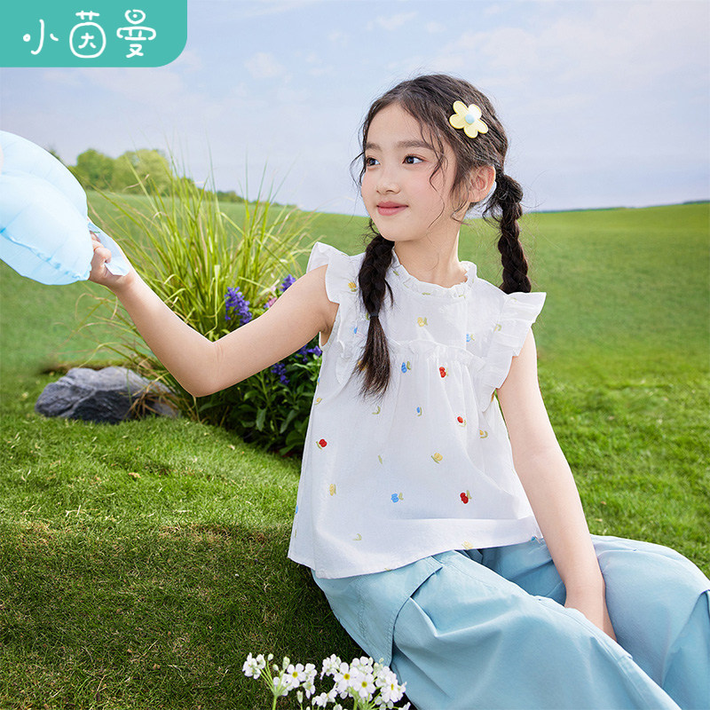 茵曼女童衬衣荷叶边小飞袖2025夏季儿童中大童木耳边圆领休闲上衣