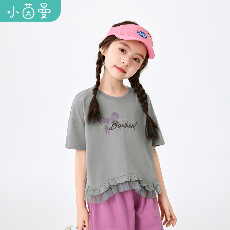 茵曼女童圆领短袖t恤蝴蝶结印花2025夏季中大童宽松透气半袖上衣