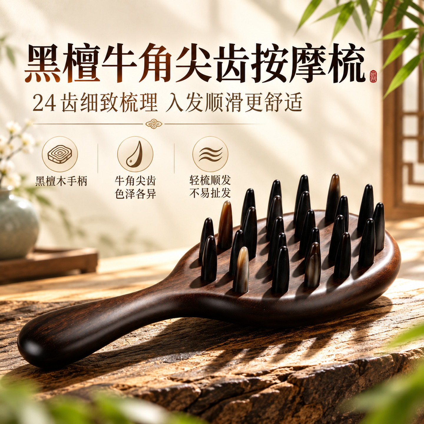 黑檀牛角24齿无静电按摩排骨梳