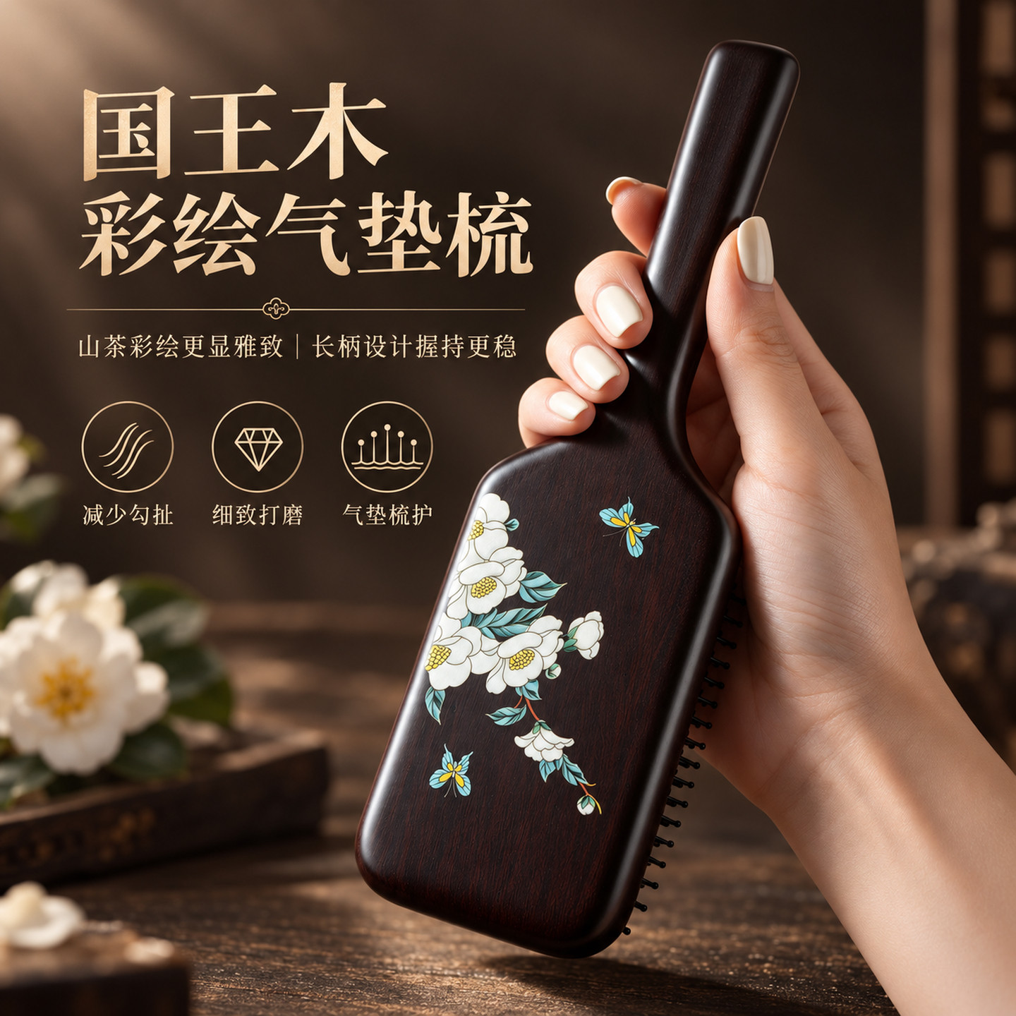 国王木彩绘气垫梳按摩梳国风花鸟头皮经络按摩蓬松卷发顺丰大手柄