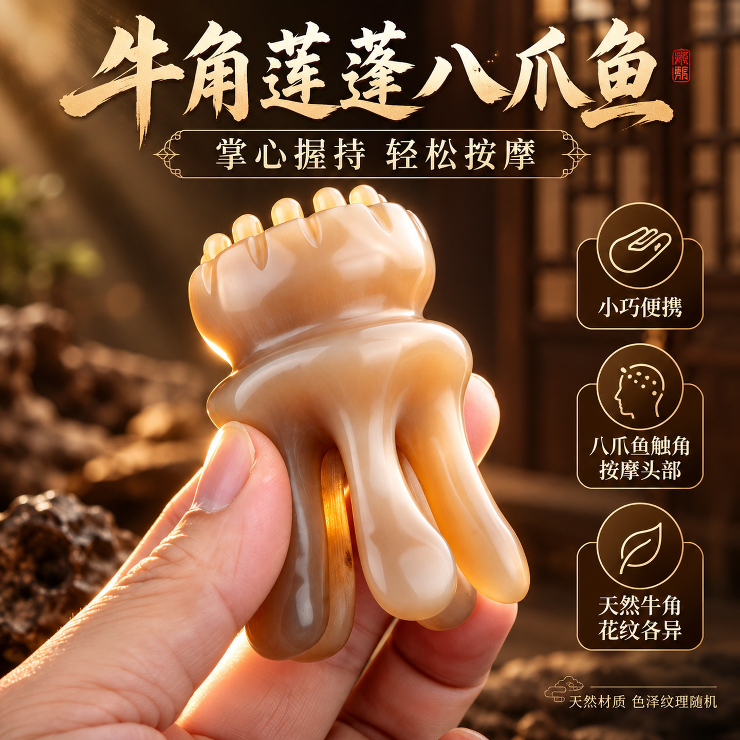 天然牛角八爪鱼头疗经络按摩梳