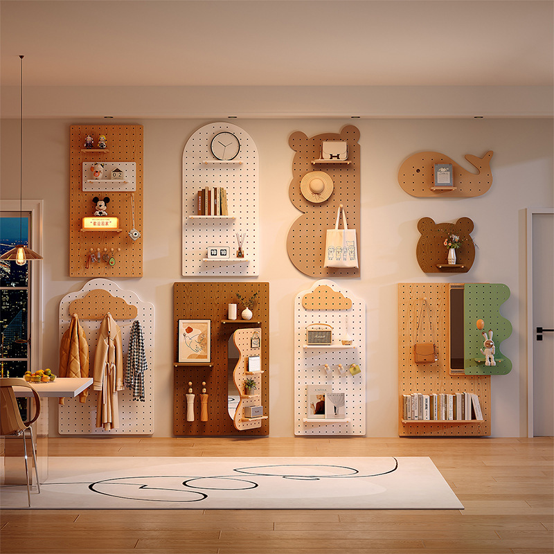洞洞板置物架实木造型入户墙面木质配件装饰挂板穿衣镜收纳展示架