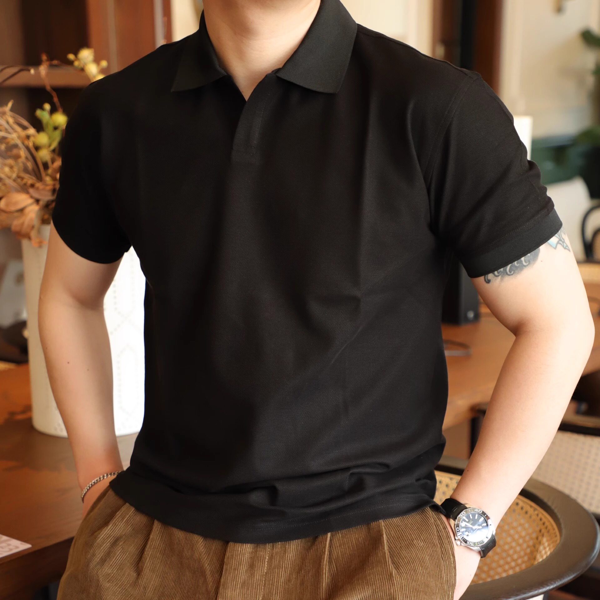 夏季丝光棉海鸥领Polo衫男款翻领针织衫通勤百搭短袖T恤