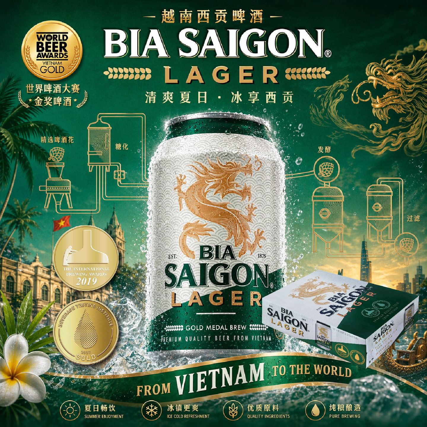 越南西贡拉格啤酒330ml精酿进口啤酒整箱原装清爽小麦啤酒一箱