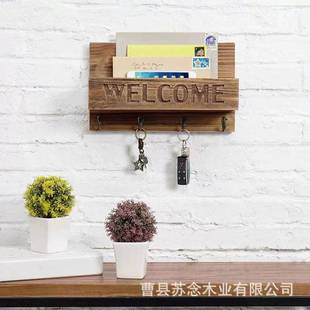 置物架带挂钩墙面装 木质钥匙收纳架实木入户玄关壁挂式 饰钥匙架