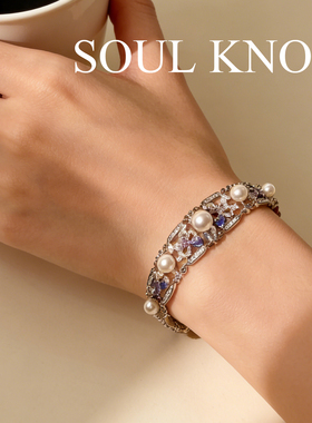 SOUL KNOT钻石形澳白小米珍珠蓝宝石手链珠子满钻高级感可调节女