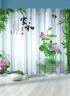新中式禅意荷花窗帘2026新款莲花客厅风景山水画竹子图案绿色纱帘