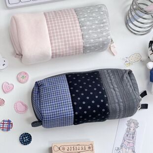 ins风拼接笔袋大容量学生文具盒少女心格子波点撞色文具收纳袋