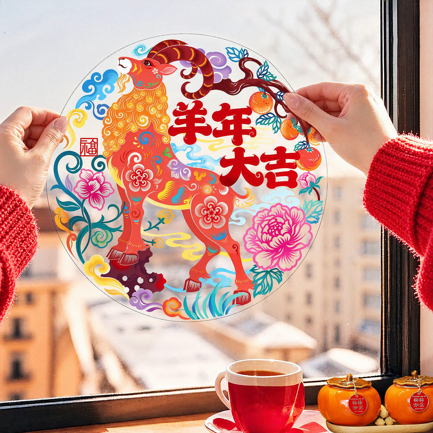2027新款羊年窗花静电贴新年福字