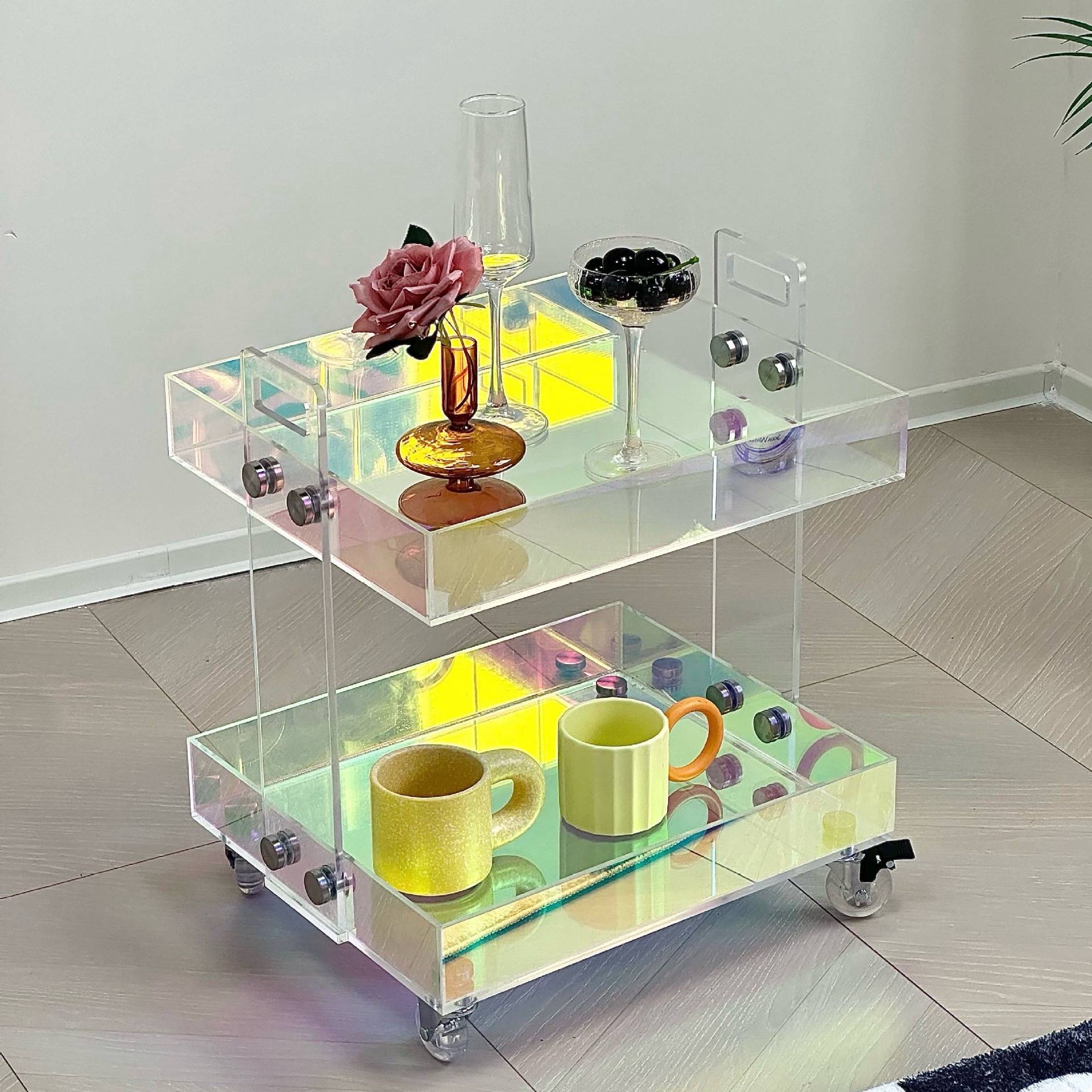 现代简约透明亚克力茶几可移动小推车置物架床头柜炫彩沙发小边几