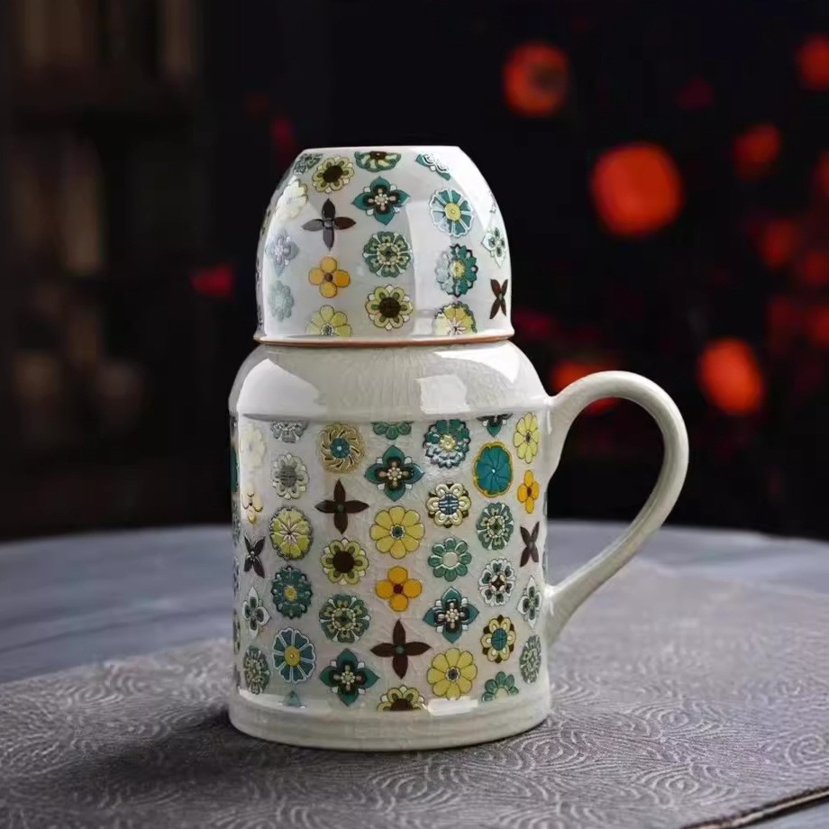 汝窑大唐宝相小暖壶马克杯带盖陶瓷焖茶杯中式保温瓶办公杯带手柄