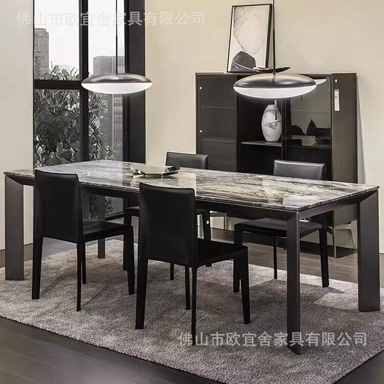 威尼斯棕大理石长方形餐桌家用意式极简户型现代高端天然奢石餐台