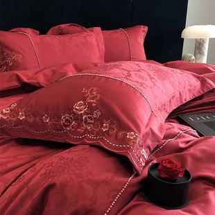 简约中式 提花婚庆四件套全棉100支刺绣红色结婚被套床单床上用品