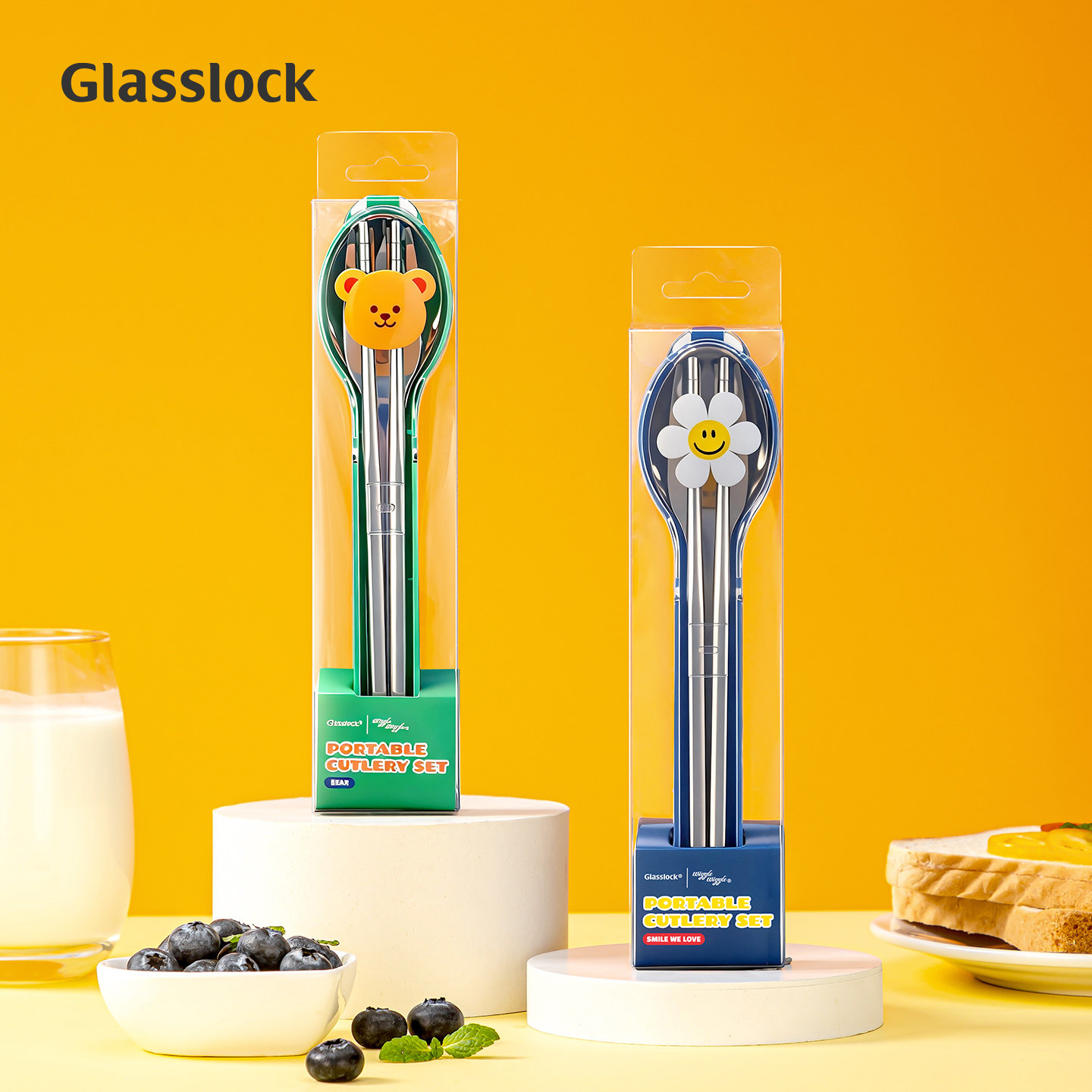 wigglewiggle&Glasslock可爱便携餐具套装不锈钢筷子勺子可爱笑脸