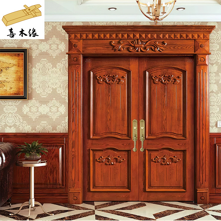 南京厂家实木门原木双开门欧式豪华别墅隔音原木橡木中式复古对开