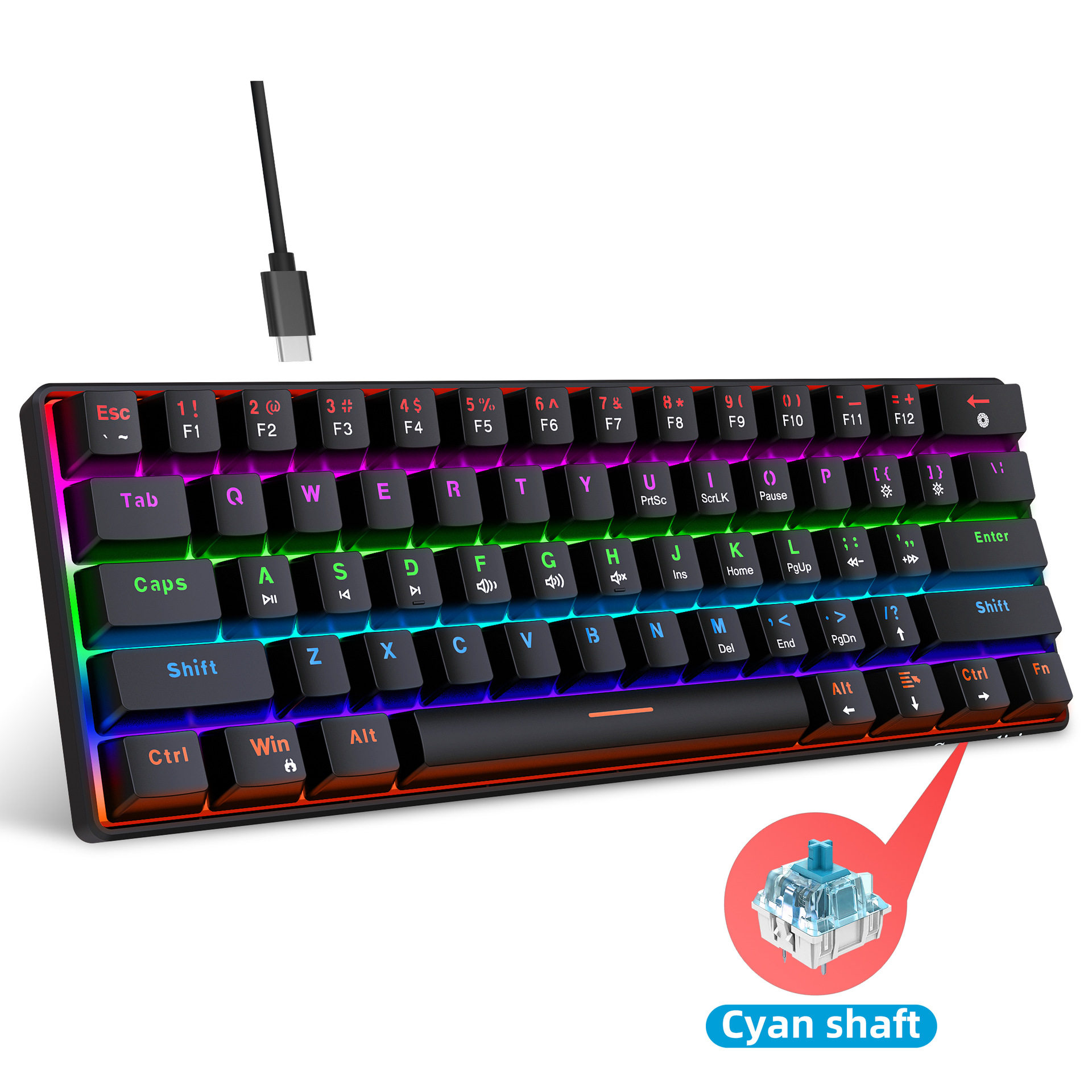 V900有线机械键盘多种灯光炫彩61key青轴办公键盘 gaming keyboad