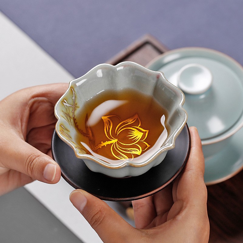 手绘银莲花汝窑茶杯个人开片可养带盖大号汝瓷茶盏主人杯品单杯