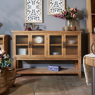 美式复古榆木纹餐边柜玻璃四门靠墙实木玄关柜客厅家居民宿装饰柜
