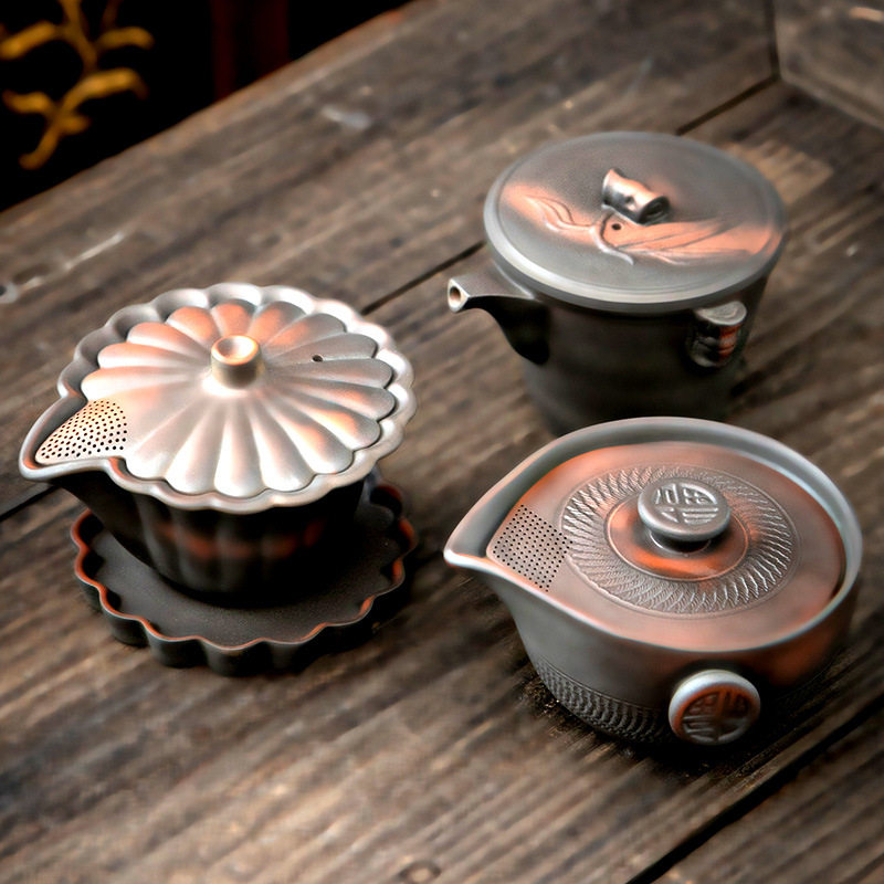 紫陶个性特色茶壶手抓壶陶瓷紫砂单泡茶壶复古创意盖碗三才碗