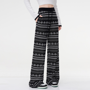 垂坠感黑白条纹格子毛线针织裤休闲直筒棉亚麻阔腿裤呢春夏秋2026