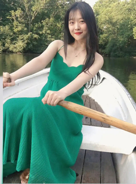 Sulli崔雪莉同款衣服毛线绿色背心吊带连衣裙针织长款礼裙子春秋