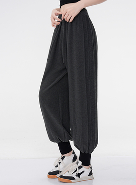 松紧腰系绳黑灰色毛线针织卫裤女休闲束脚运动裤直筒灯笼裤新2025