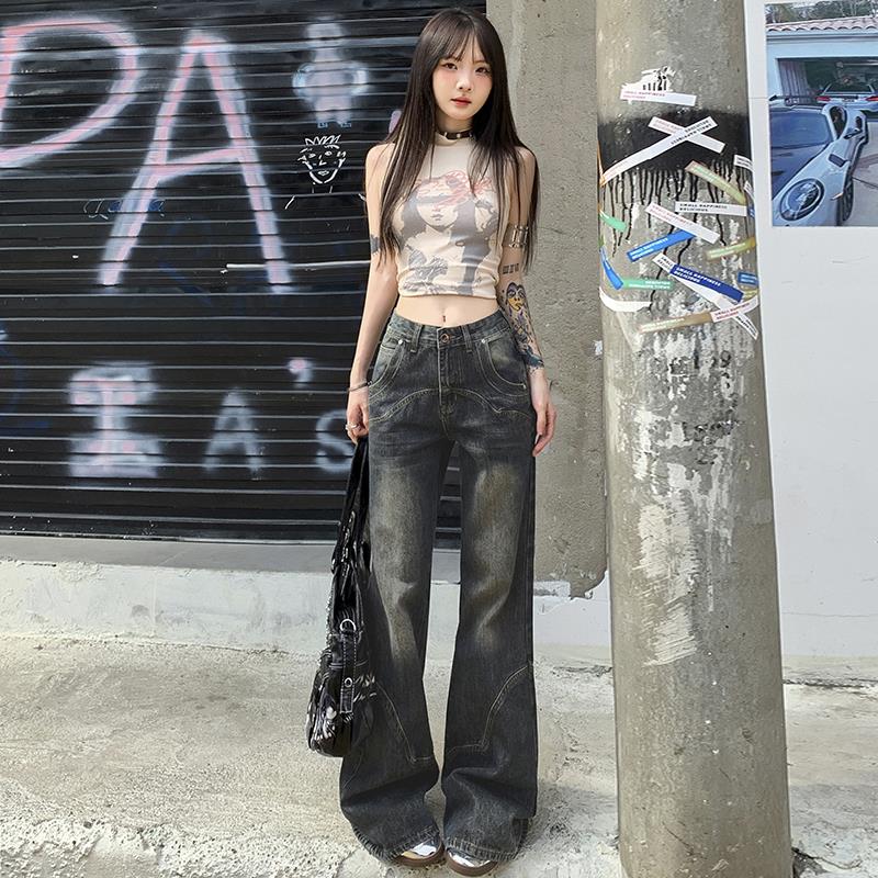 POYZ黑灰拼接美式复古宽松设计感气质百搭低腰牛仔裤辣妹直筒裤潮