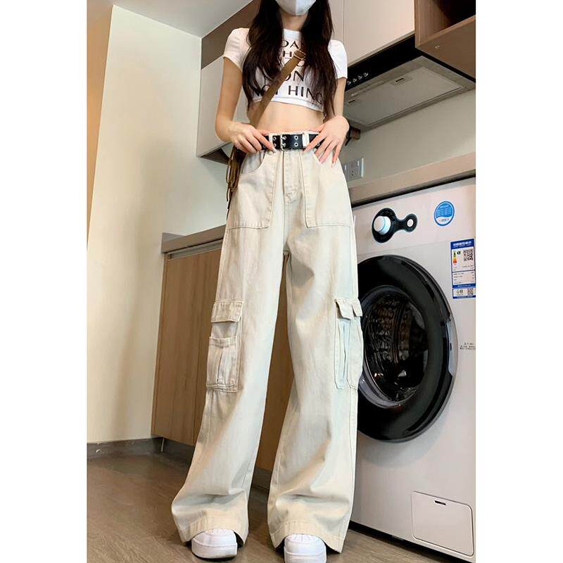 美式工装牛仔裤女2025新款爆款高腰宽松显瘦直筒白色阔腿裤子春秋