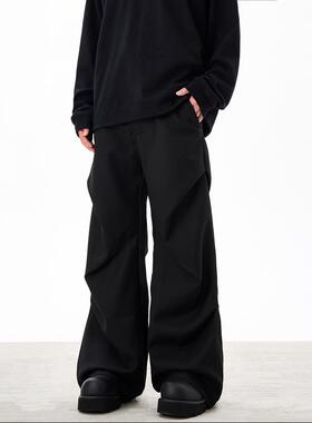 Woostop美式褶皱黑色西裤男垂坠感直筒拖地休闲西装裤高级感裤子