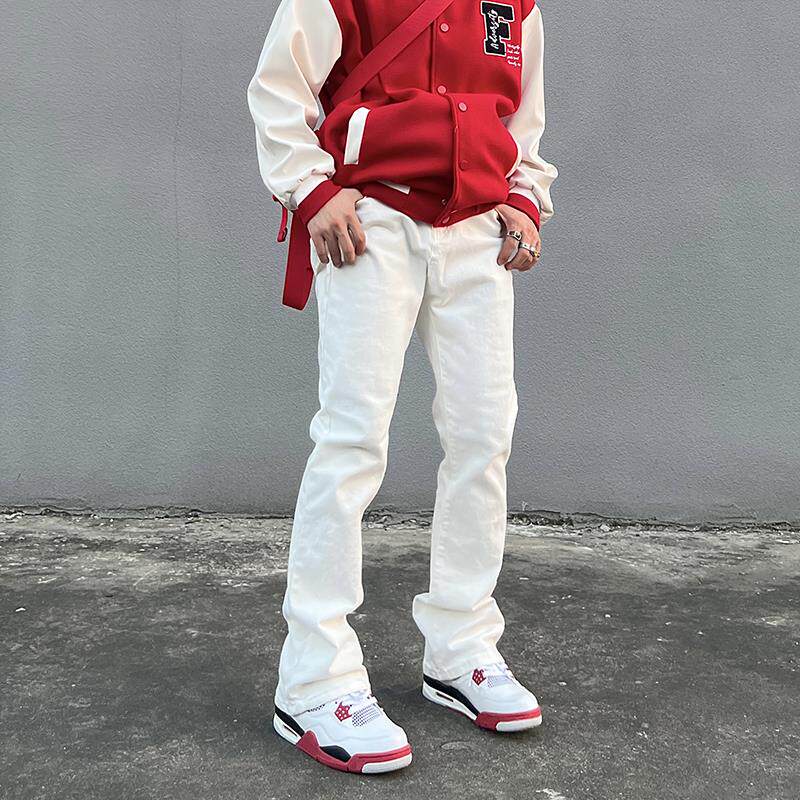 美式高街微喇叭裤显瘦直筒白色牛仔裤男ins潮牌vibe宽松休闲长裤