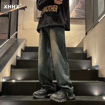 美式复古牛仔裤男款秋冬季加绒加厚潮牌宽松直筒水洗休闲阔腿裤子