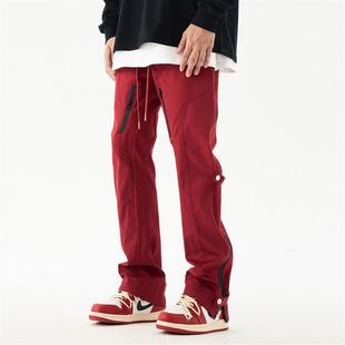 ins潮流设计感拉链休闲红色裤 FLY 户外机能冲锋裤 工装 子男 OFF美式