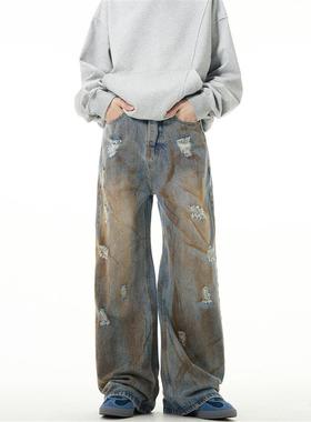 MADWITCH美式复古dirtyfit黄泥牛仔裤男宽松直筒水洗做旧高街长裤