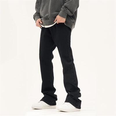 FLYOFF美式潮牌黑色微喇叭加绒牛仔裤弹力显瘦cleanfit长裤子男女