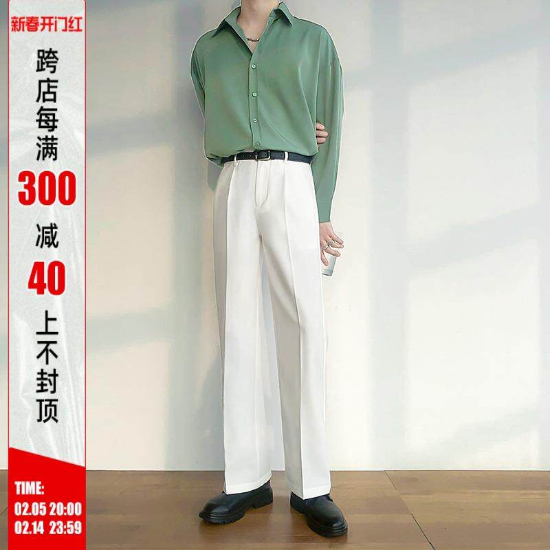 HO春季垂感滑料免烫西裤男直筒宽松长裤韩版白色西装裤阔腿休闲裤