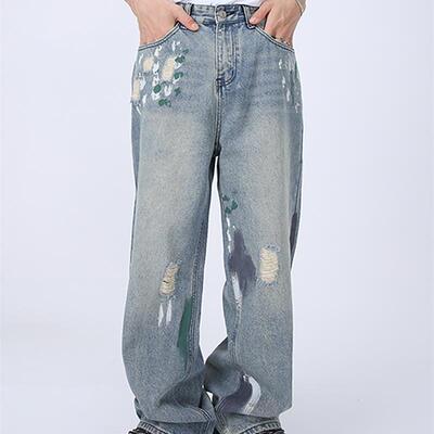 Voguo Relay原创泼墨小众设计破洞宽松阔腿牛仔裤男女同款裤子