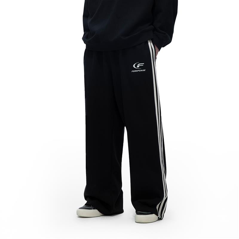 FDR 国潮美式月牙印花条纹休闲裤男女情侣宽松抽绳裤直筒长裤子