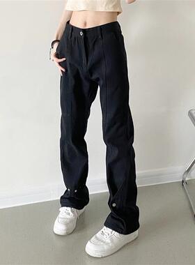 Woostop美式vibe风黑色牛仔裤男高街直筒微喇叭裤欧美高级感裤子