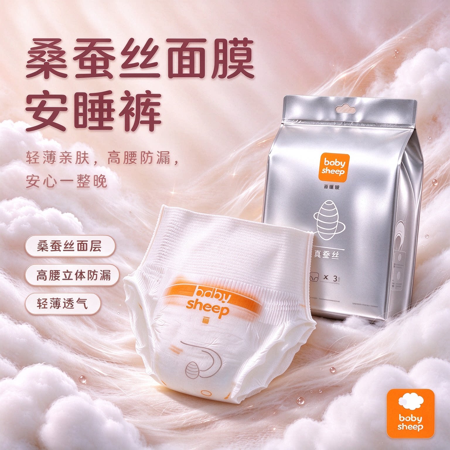 babysheep蚕丝安睡裤型卫生巾安心裤早安裤超薄姨妈经期拉拉裤