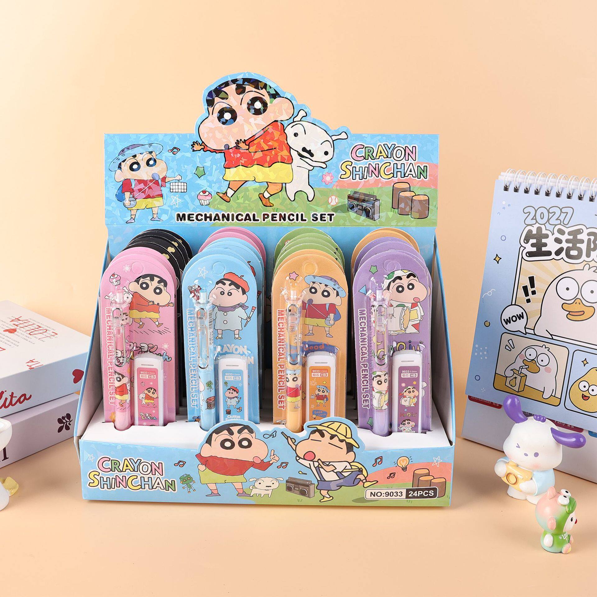 蜡笔小新二合一自动铅笔套装学生免削素描按动铅笔卡通边文具套装