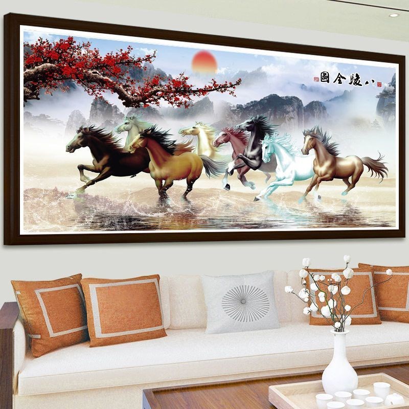 八骏全图马到成功十字绣2023新款满绣客厅办公室大幅八匹马刺绣
