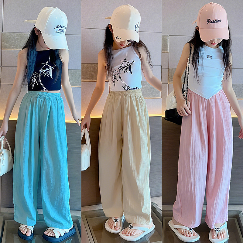 女童夏季薄款褲子2025又酷又颯洋氣兒童褲子女大童冰絲速干闊腿褲
