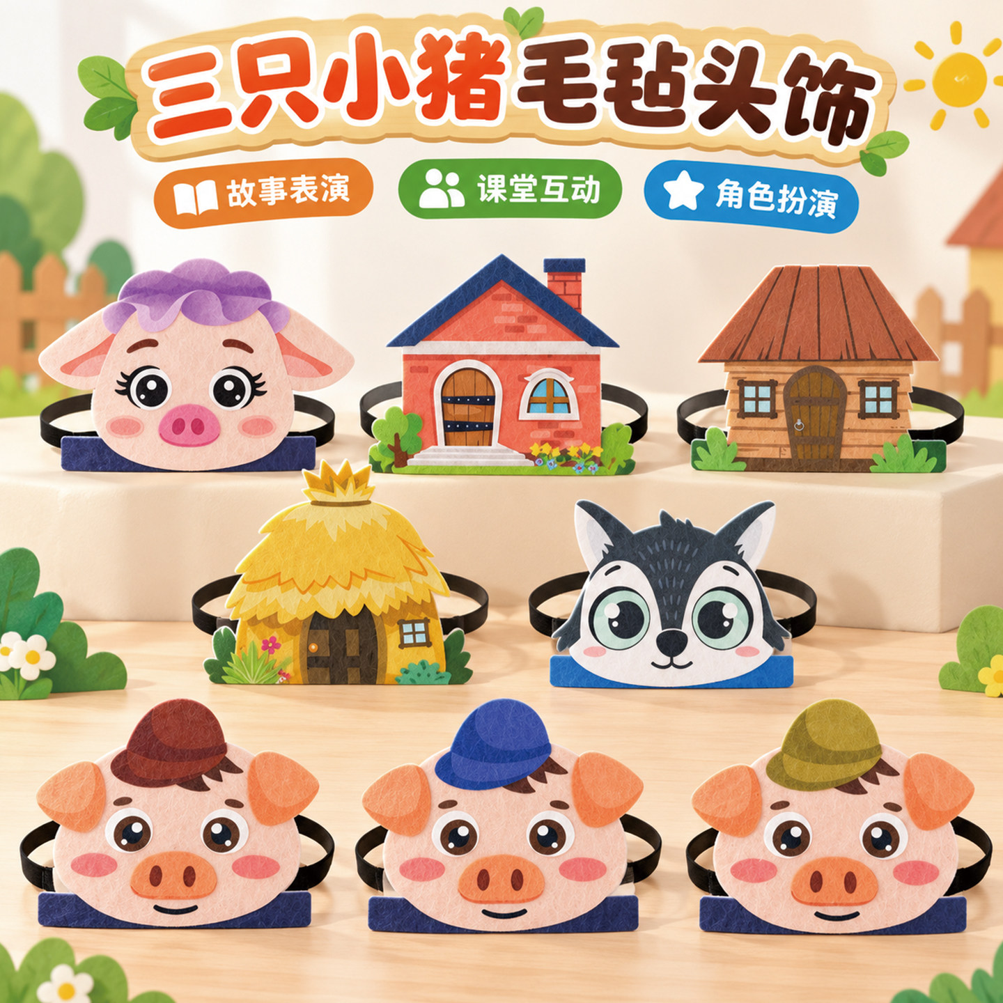 三只小猪表演头饰讲故事表演道具