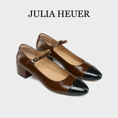 Julia Heuer朱莉亚赫尔 女士高跟玛丽珍拼色圆头粗跟一字带女单鞋