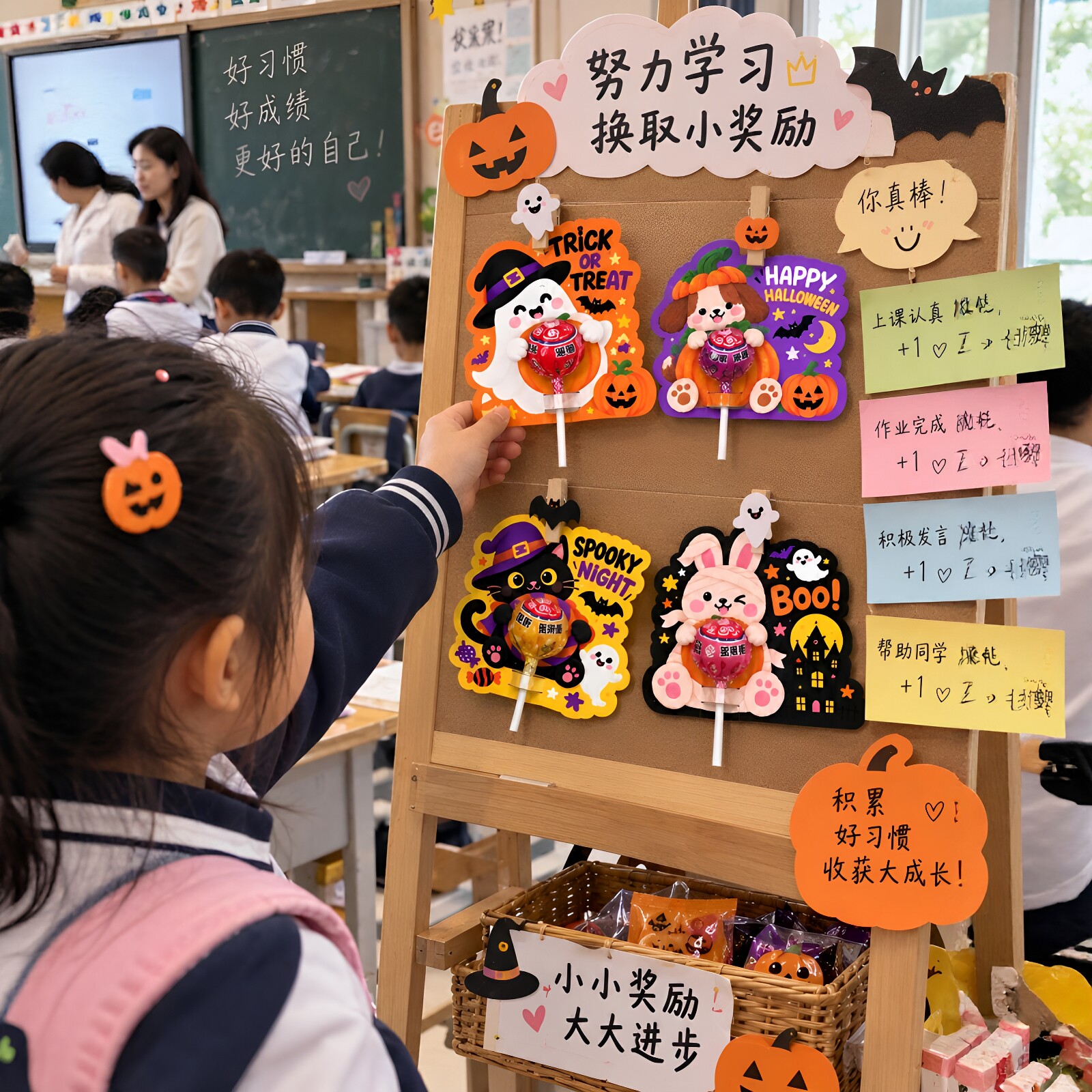 教育机构万圣节棒棒糖装饰卡片糖果固定卡学习奖励小朋友零食礼物