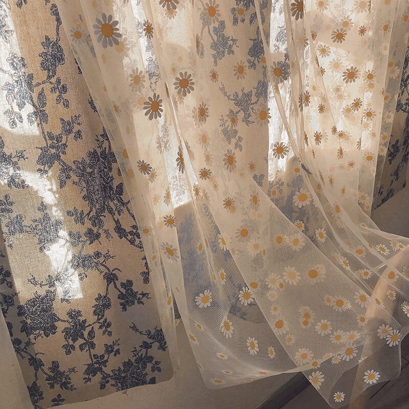 网红小雏菊法式田园复古风双层蕾丝遮光窗帘半帘飘窗纱帘隔断门帘