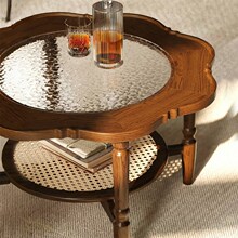 中复古风实木藤编客厅家用茶几法式小户型沙发边阳台玻璃双层圆桌