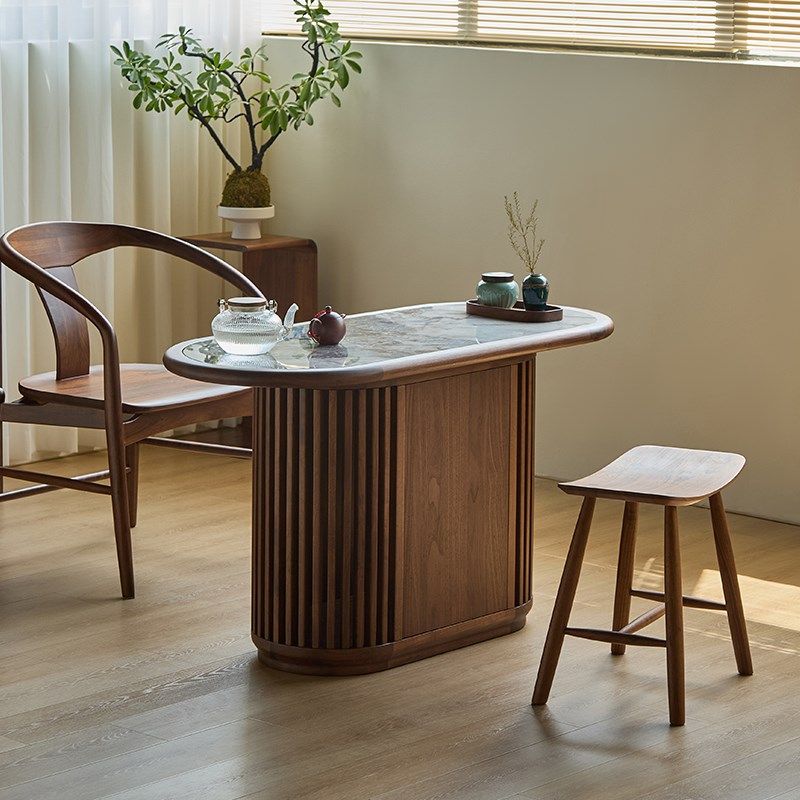 实木岩板茶桌黑胡桃木家用阳台小户型简约中式禅意一体茶台茶水柜